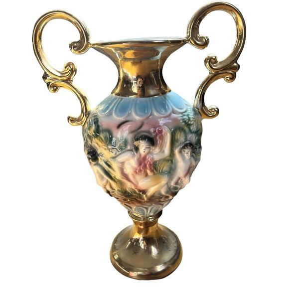 Vintage Vase Made in Italy Cherub 3d Gold Handles Hand Decorated White Elegant - Picture 1 of 10